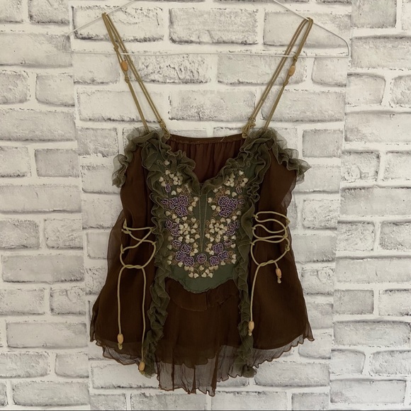 Boho hand crafted brown top size Small - Picture 4 of 15
